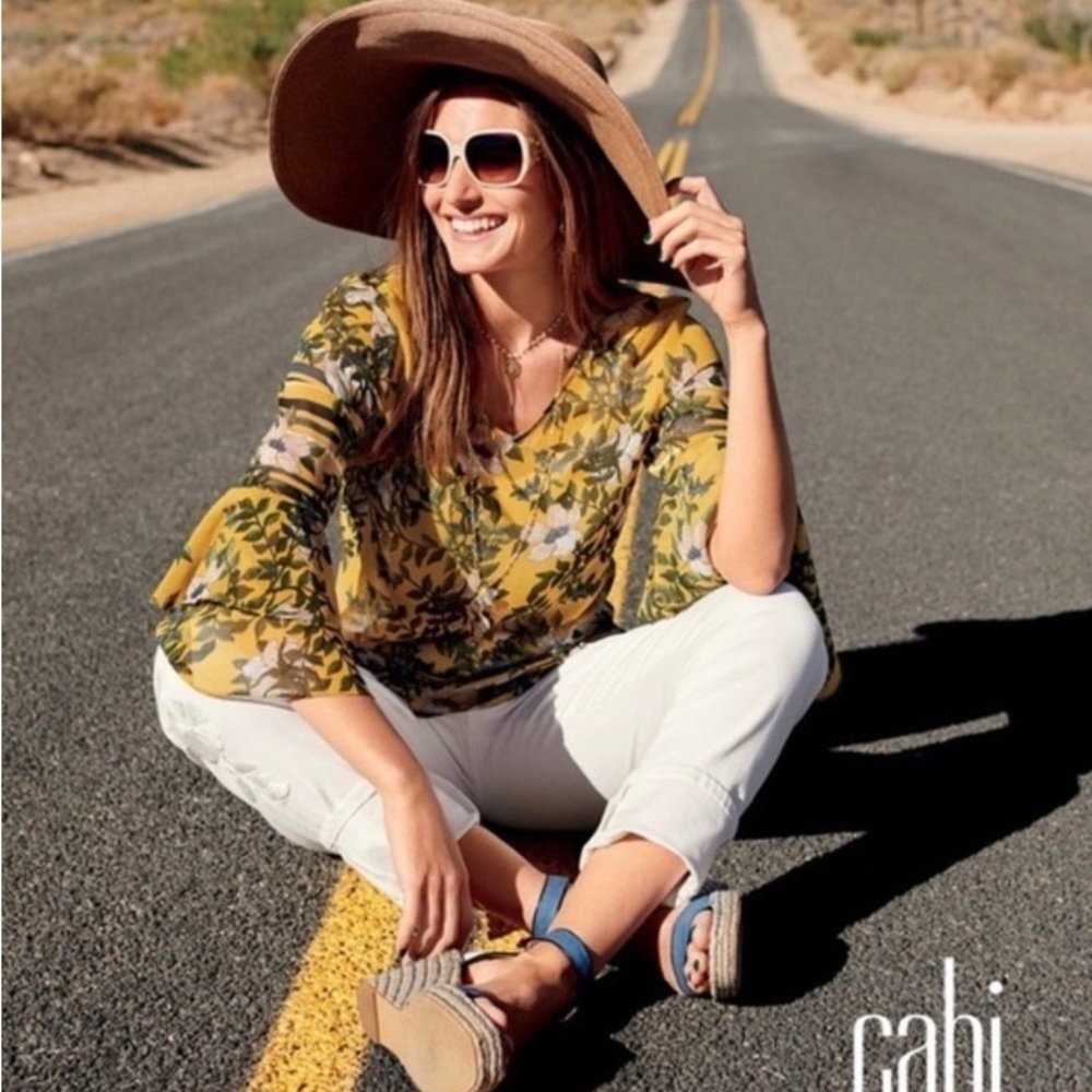 Cabi Spring Scene Floral Cottagecore Bell Sleeve Semi Sheer Blouse